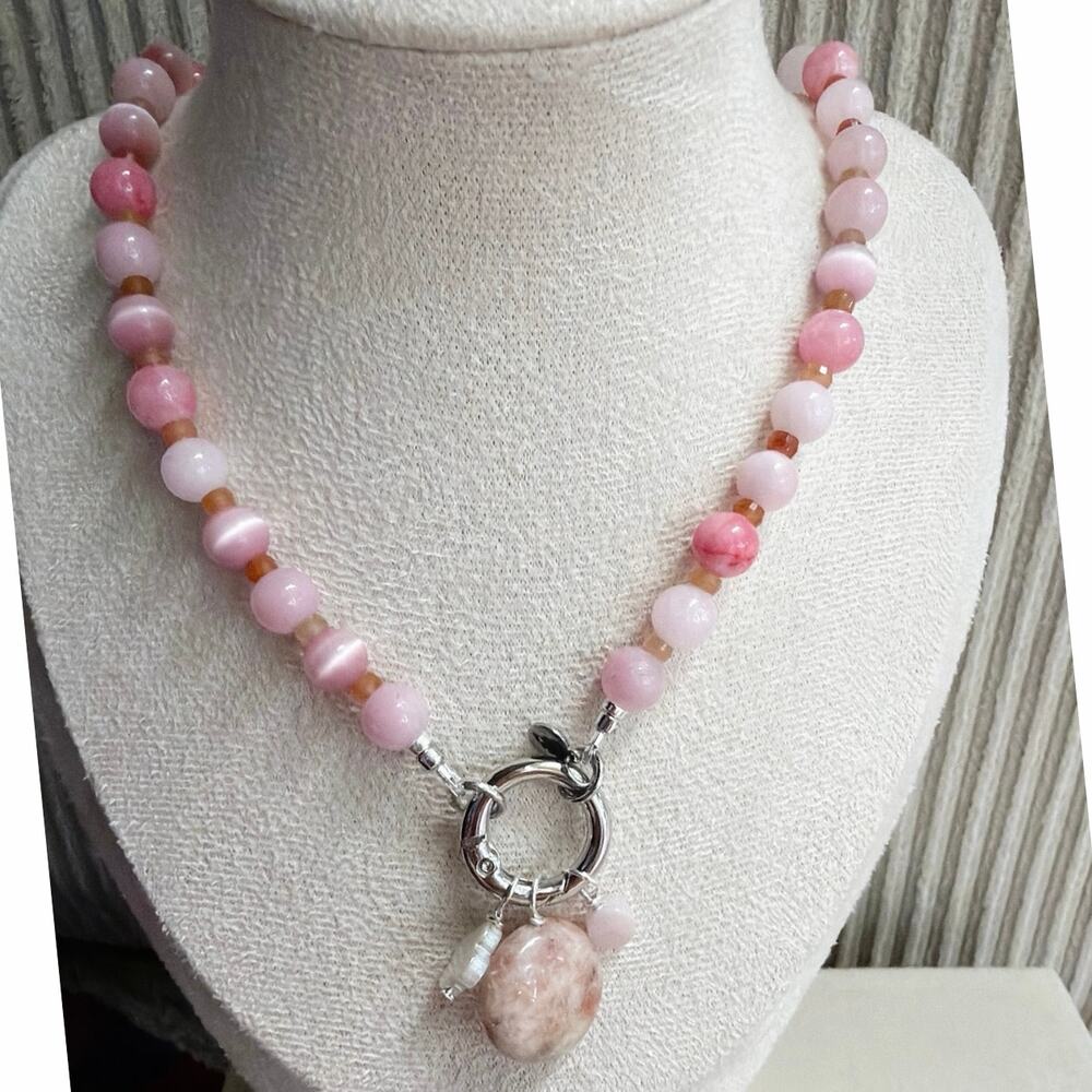 19" Beaded Gemstone Necklace, Jade, Cat's Eye, Peruvian Pink Opal, Charms